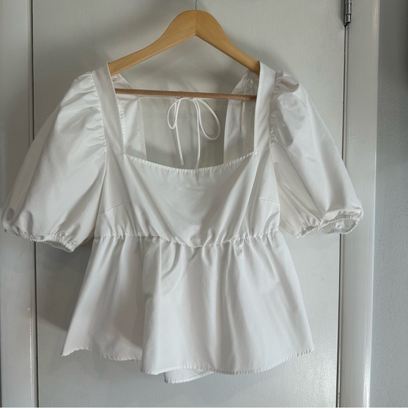 H&M Tie Detail Puff-Sleeved Peplum Blouse. White. Size: Large. - Picture 2 of 7